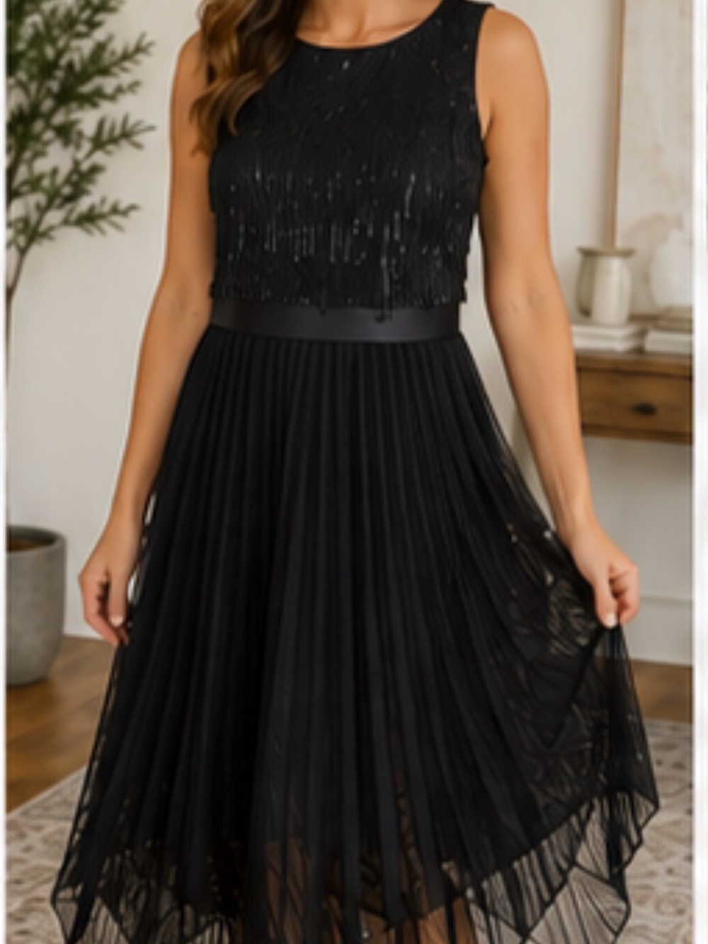 Tahari Black Asymmetrical Pleated Evening Dress with Satin Waist Tie